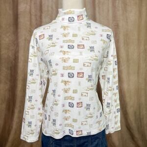 Vintage Cabincore Turtleneck Shirt 90s Woodland Animals Long Sleeve Bears Deer